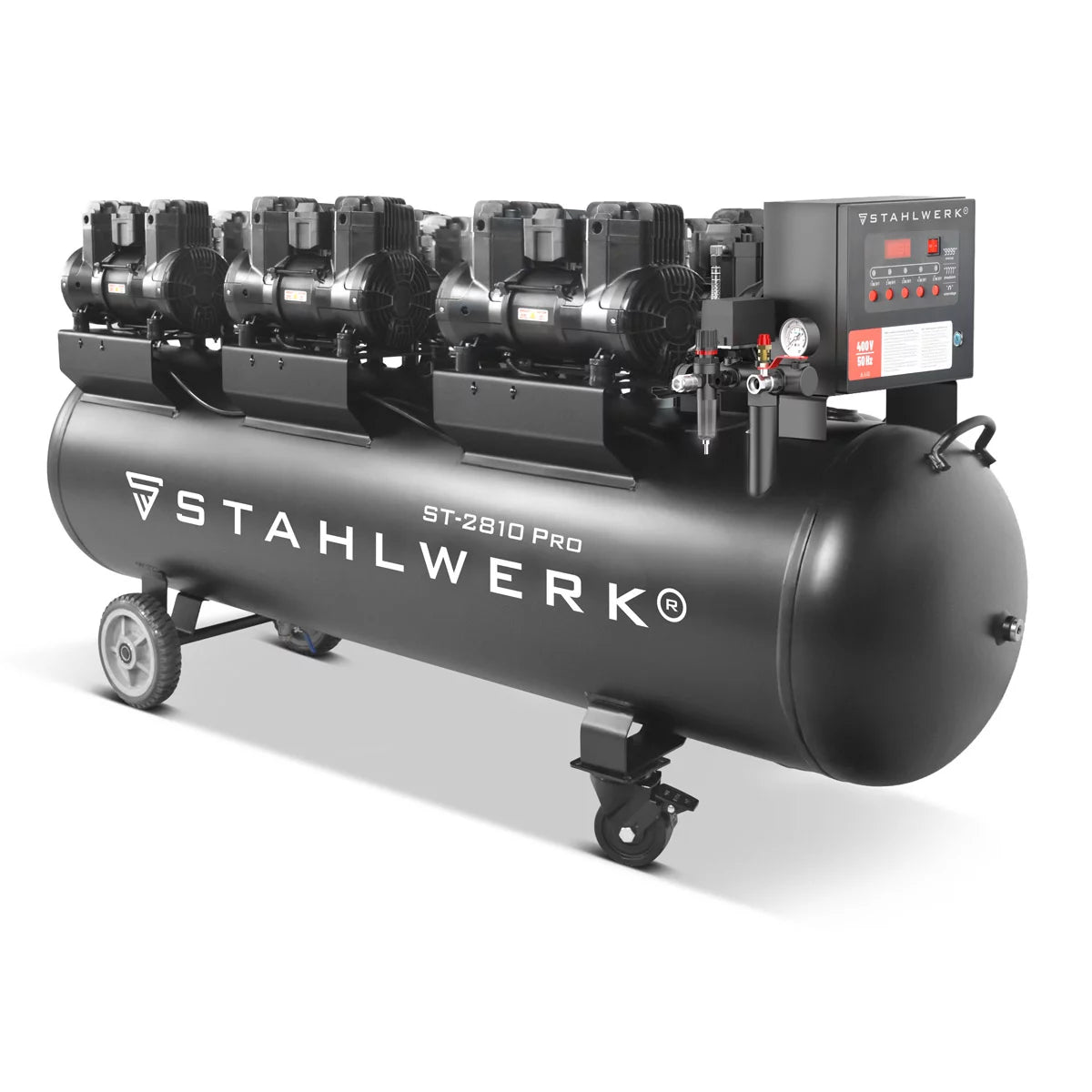 Compresor STAHLWERK ST-2810 Pro con 10 bar | 11,83 CV | 8,70 kilovatios | 1500 l/min | Compresor de aire comprimido sin aceite con depósito de 280 L | Compresor de pistón | Compresor silencioso | Compresor Whisper con motores sin escobillas.