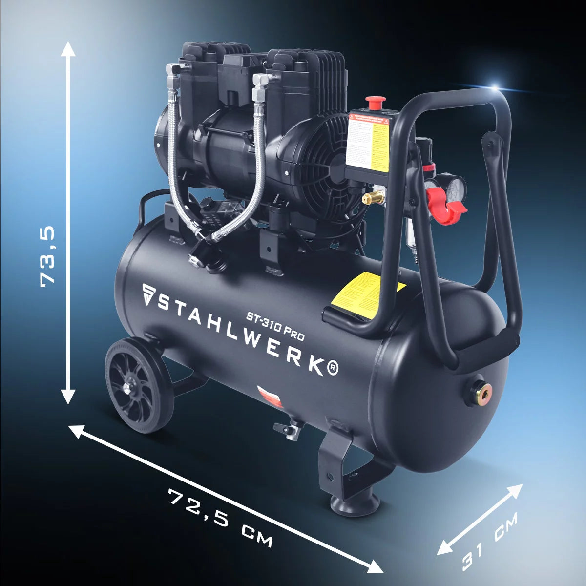 STAHLWERK Kompressor ST-310 Pro mit 8 bar | 1,97 PS | 1,45 kW | 250 l/min | 30 L Tank ölfreier Druckluft-Kompressor | Kolben-Kompressor | Silent-Kompressor | Flüster-Kompressor mit Brushless-Motoren
