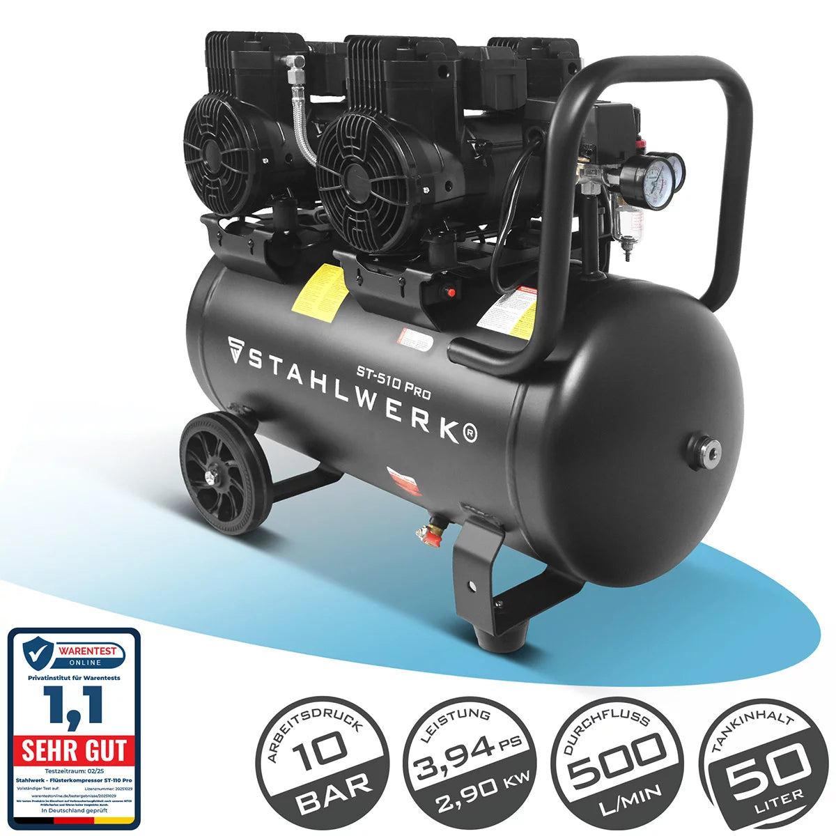 STAHLWERK Kompressor ST-510 Pro mit 10 bar | 3,94 PS | 2,9 kW | 500 l/min | 50 L Tank ölfreier Druckluft-Kompressor | Kolben-Kompressor | Silent-Kompressor | Flüster-Kompressor mit Brushless-Motoren