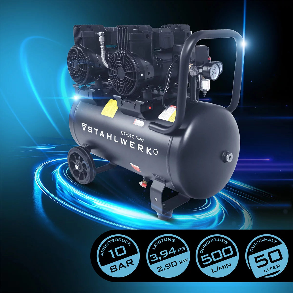 STAHLWERK Kompressor ST-510 Pro mit 10 bar | 3,94 PS | 2,9 kW | 500 l/min | 50 L Tank ölfreier Druckluft-Kompressor | Kolben-Kompressor | Silent-Kompressor | Flüster-Kompressor mit Brushless-Motoren