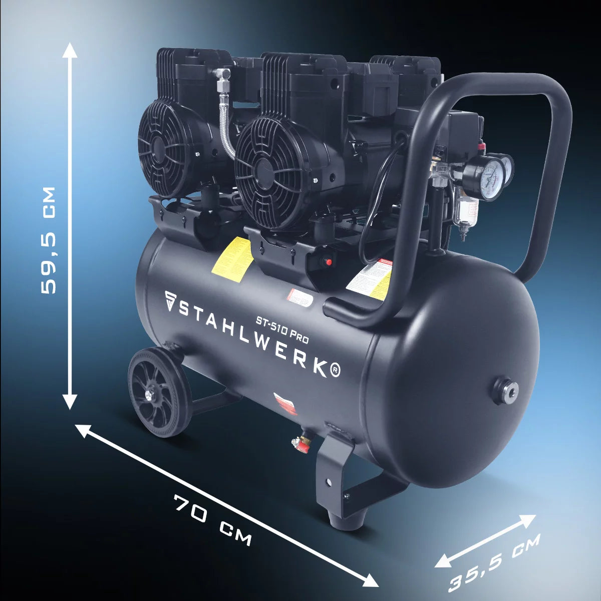 STAHLWERK Kompressor ST-510 Pro mit 10 bar | 3,94 PS | 2,9 kW | 500 l/min | 50 L Tank ölfreier Druckluft-Kompressor | Kolben-Kompressor | Silent-Kompressor | Flüster-Kompressor mit Brushless-Motoren