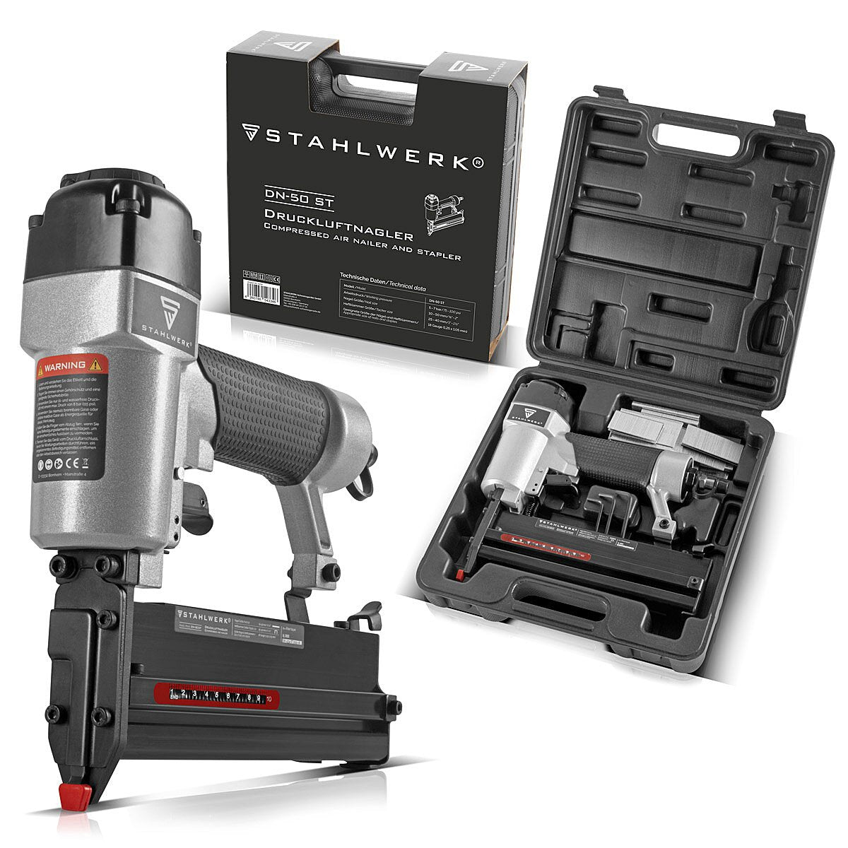 STAHLWERK Druckluft Nagler DN-50 ST 2 in 1 Nagelpistole | Tacker | Streifennagler | Klammernagler mit 5-7 Bar Arbeitsdruck, Metallgehäuse, geeignet für 18 Gauge Nägel und Tackernadeln inklusive Zubehör und Transportkoffer