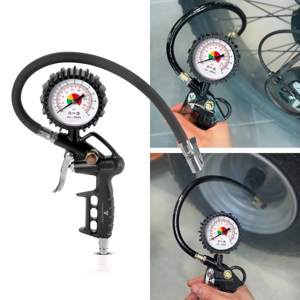 Steelwork compressed air set 5-part | Compressed air tool including painting gun, flap gun, cleaning gun with container, tire filler with pressure knife and 5 meters of spiral hose for the connection