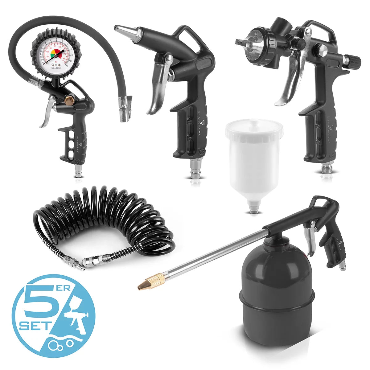 Steelwork compressed air set 5-part | Compressed air tool including painting gun, flap gun, cleaning gun with container, tire filler with pressure knife and 5 meters of spiral hose for the connection