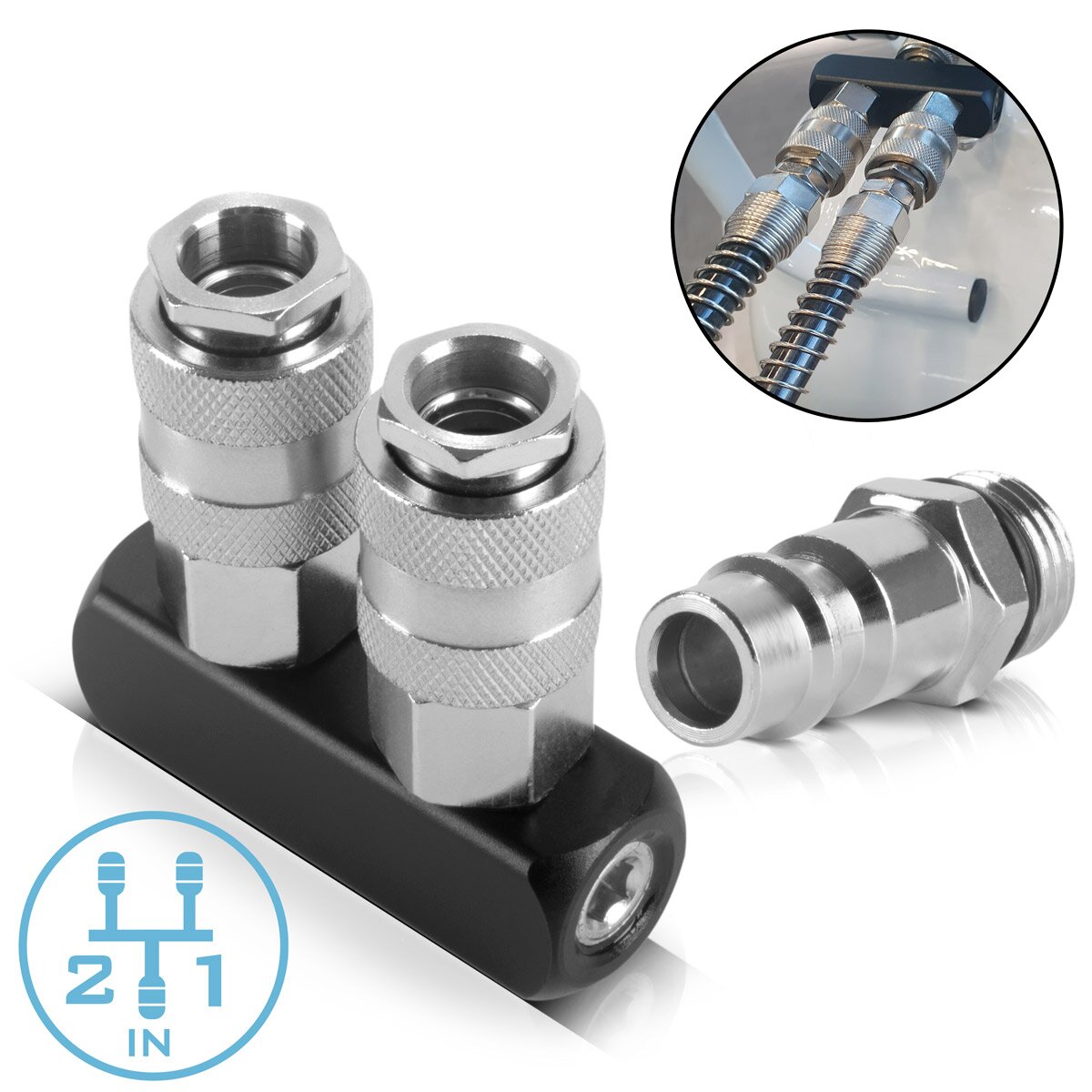 Distribuidor de aire comprimido de 2 veces a Steelworks | Conexión del distribuidor de 2 vías | Adaptador de aire comprimido | Distribuidor neumático de hasta 35 bar con rosca de conexión NW 7.2 y 1/4 pulgada para compresores de aire comprimido
