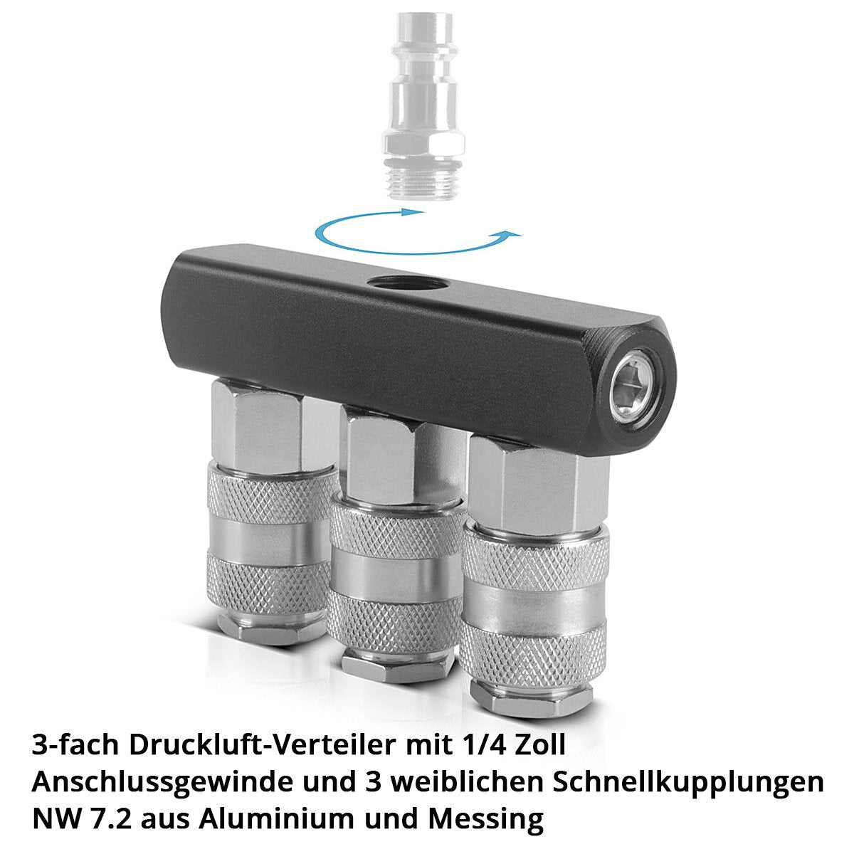Distributeur d'air comprimé en acier 3 fois | Connexion du distributeur à 3 voies | Adaptateur d'air comprimé | Distributeur pneumatique jusqu'à 35 bar avec un fil de connexion NW 7,2 et 1/4 pouce pour les compresseurs d'air comprimés