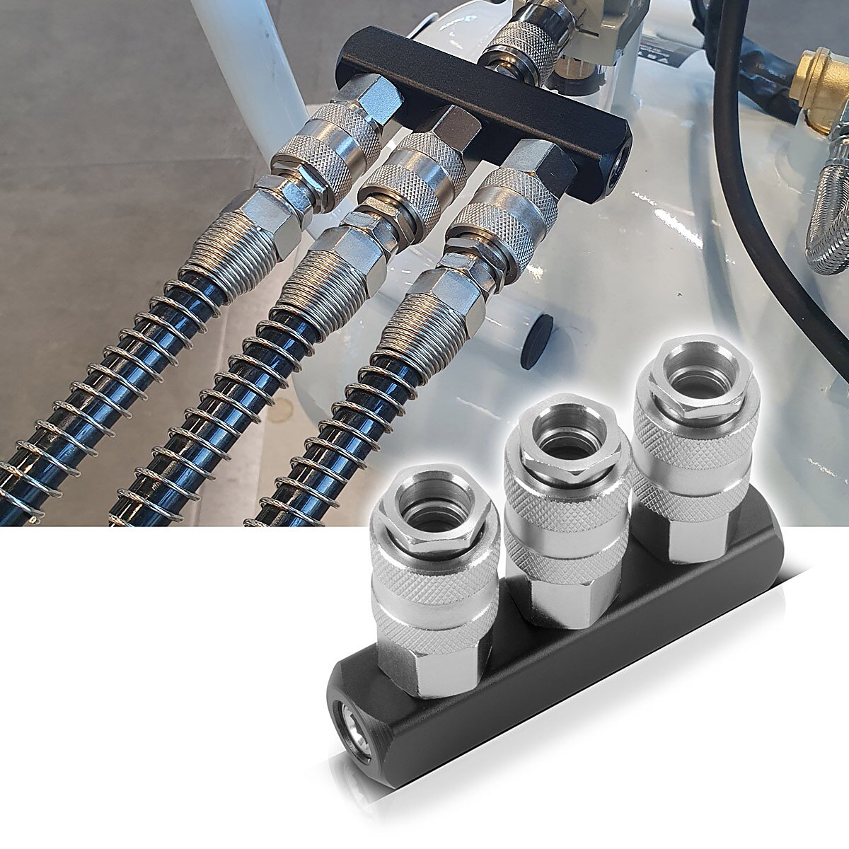 Distributeur d'air comprimé en acier 3 fois | Connexion du distributeur à 3 voies | Adaptateur d'air comprimé | Distributeur pneumatique jusqu'à 35 bar avec un fil de connexion NW 7,2 et 1/4 pouce pour les compresseurs d'air comprimés