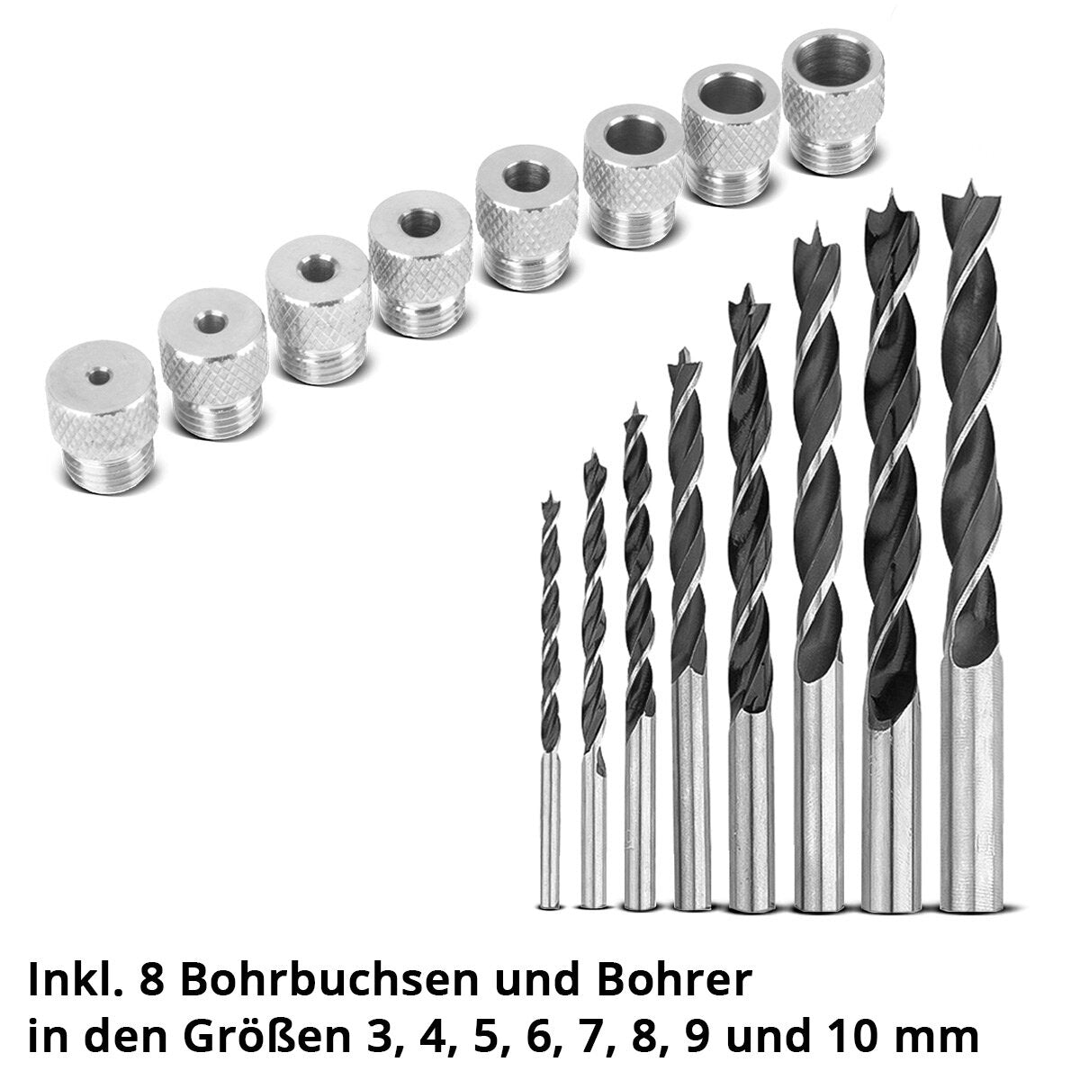 Set di dime per tasselli STAHLWERK con boccole e punte per trapano 3 | 4| 5| 6| 7| 8| 9| Tassello autocentrante da 10 mm | Calibro per tasselli | Dima di foratura | Guida per trapano | Aiuto alla perforazione | Dima di foratura per tasselli in legno