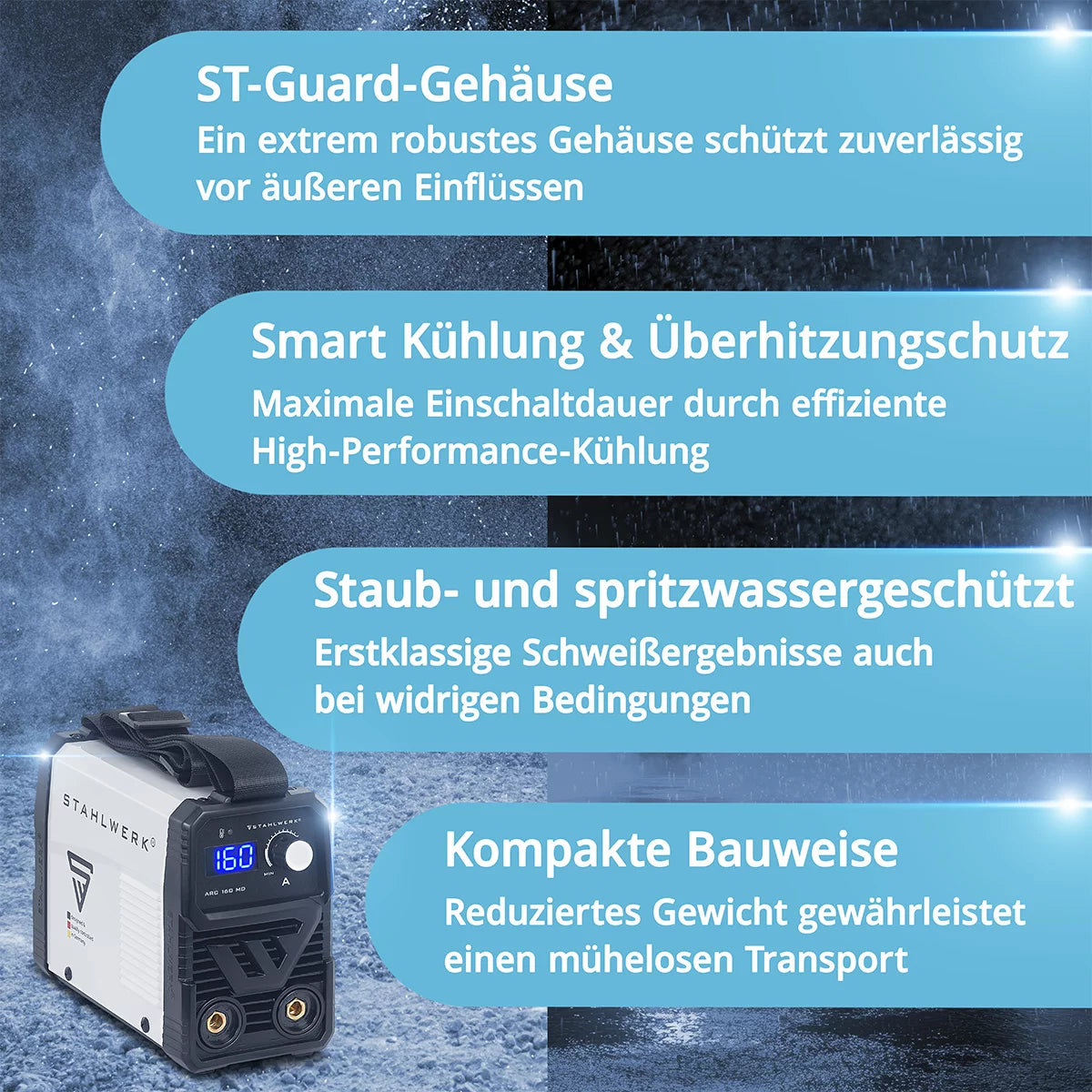 STAHLWERK ARC 160 MD Elektroden-Schweißgerät DC MMA, E-Hand, Lift-TIG Welder | Stufenlos regelbar | Echte 160 Ampere | Sehr kompakt und leicht | Hot-Start, Anti-Stick, Smart-Kühlung | IGBT-Technologie