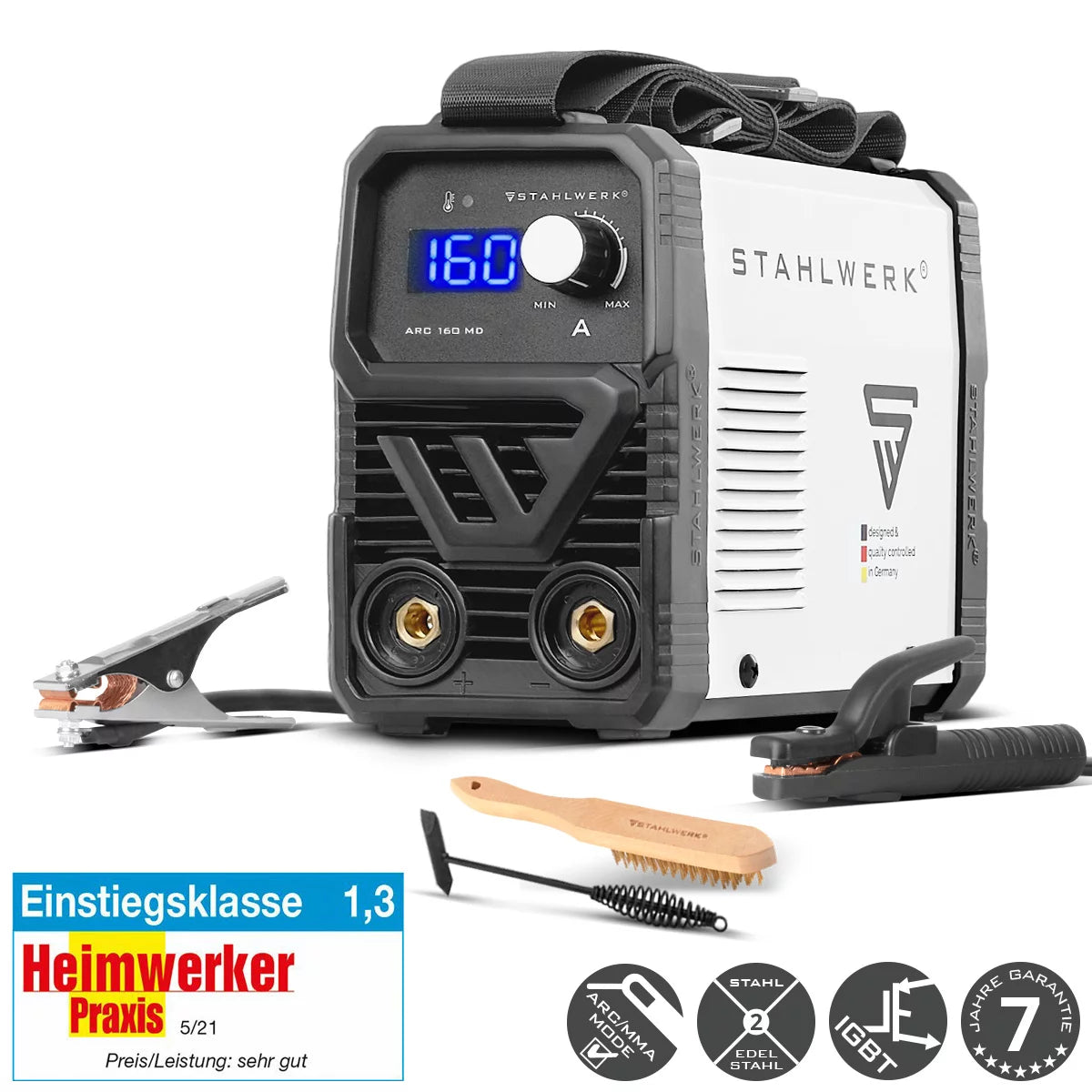 STAHLWERK ARC 160 MD Elektroden-Schweißgerät DC MMA, E-Hand, Lift-TIG Welder | Stufenlos regelbar | Echte 160 Ampere | Sehr kompakt und leicht | Hot-Start, Anti-Stick, Smart-Kühlung | IGBT-Technologie