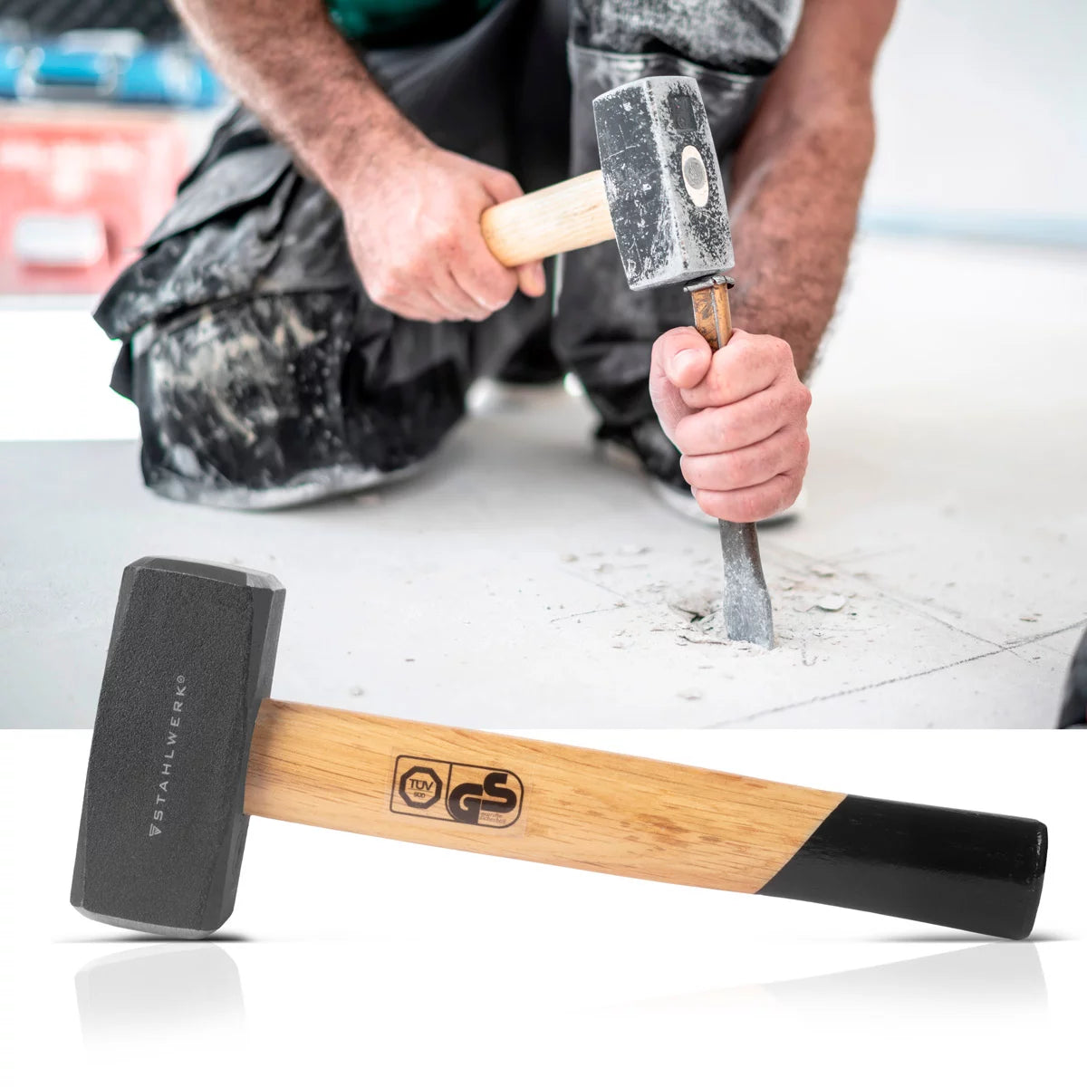 STAHLWERK Fäustel 2er Set mit 1000 g Hammerkopf | Plattenhammer aus gehärtetem und lackiertem Carbon-Stahl | hochwertiger Hammer mit bruchfestem Hartholzstiel | TÜV + GS geprüft