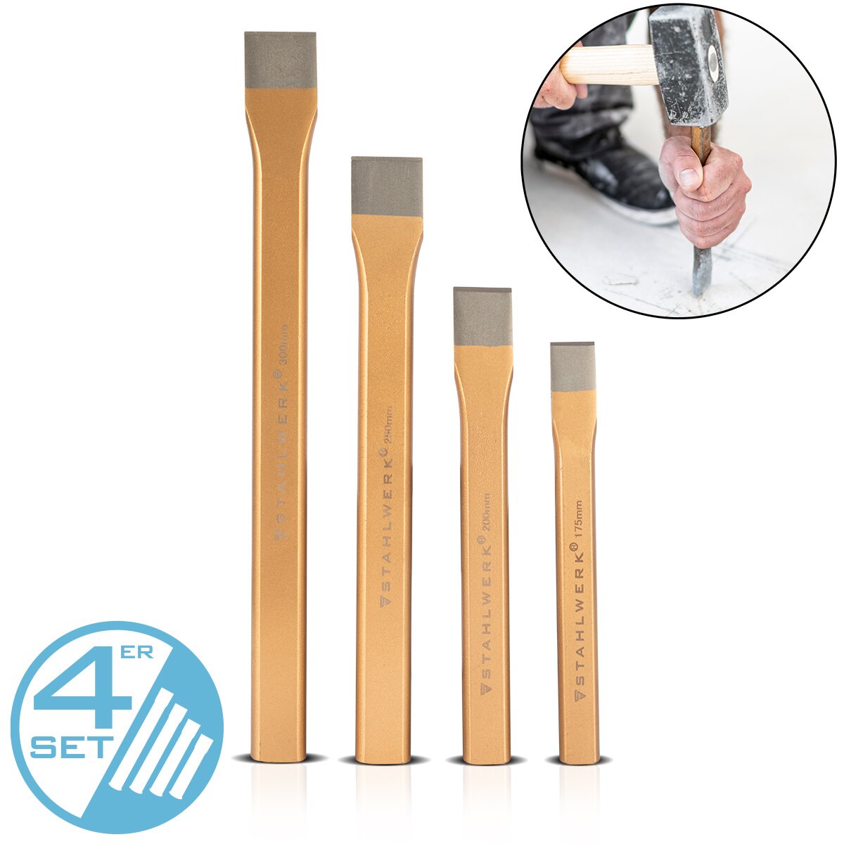 Acciaio flachmeißel 4 set oro 175 | 200 | 250 | 300 mm Sfalcano a mano in acciaio indurito per scalpelli professionali di metallo, pietra, legno, cemento, piastrelle e materie plastiche