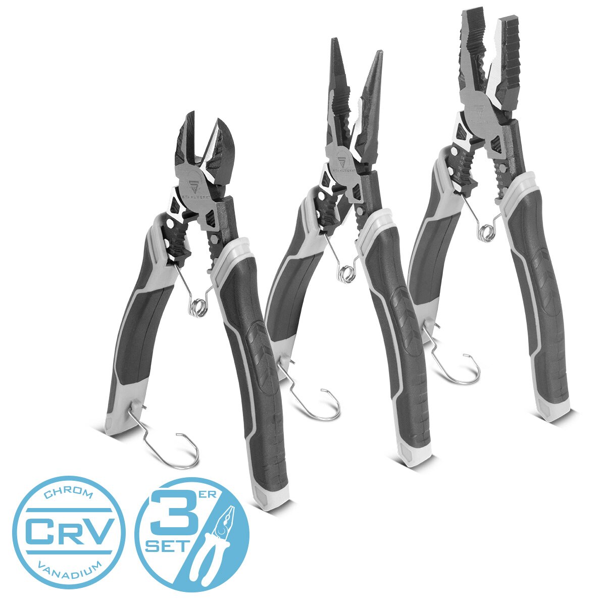 Steelwork pliers 3 Set with combined side cutters and flat circuit pliers made of high-quality chrome vanadium