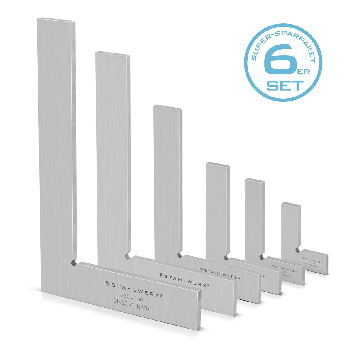 STAHLWERK Flachwinkel 90° Set 6-teilig DIN 875/1 Kontrollwinkel / Schlosserwinkel / Anschlagwinkel / Präzisionswinkel aus rostfreiem Edelstahl