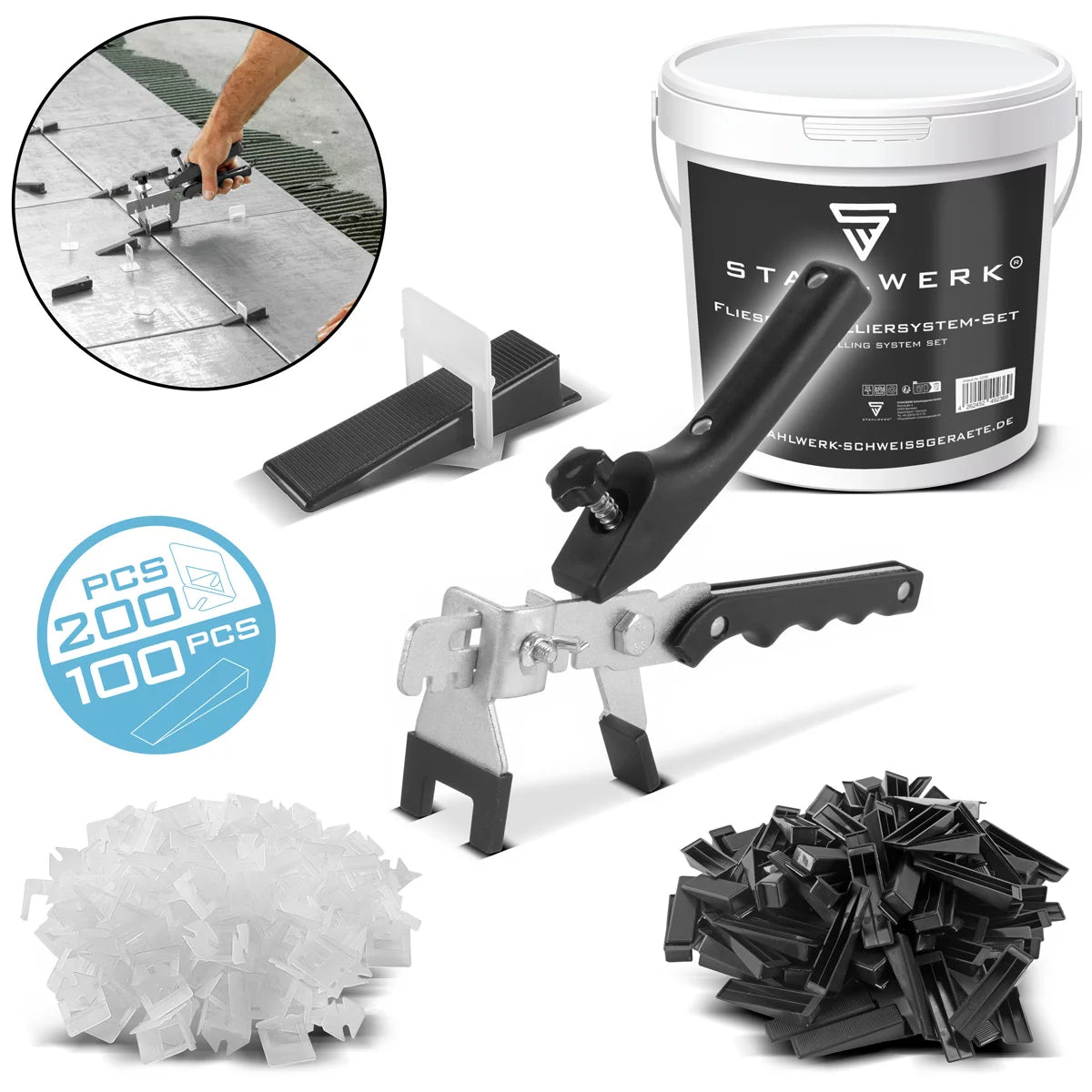 Steelworks tile level set | 200 trains for 2mm joint width | 100 leveling wedges | Laying system | Publishing aid | Tile-level tongs | Easy laying | Perfect tiles