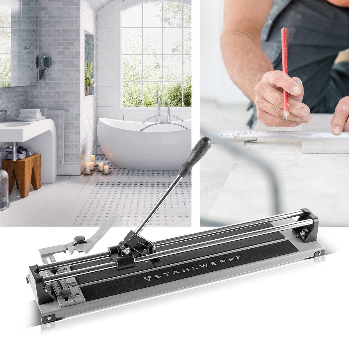 STAHLWERK Fliesenschneider mit 600 mm Schnittlänge, 425 mm Diagonal-Schnittlänge und 12 mm Schneidstärke, Handfliesenschneider / Fliesenschneidemaschine mit Hochleistungs-Schneidrad zum Trennen von Keramikfliesen