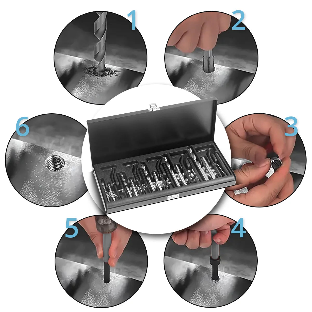 Steelworks Helicoil Thread repair set 131-part thread repair set M5 M6 M10 M10 M12 thread repair tool with threaded drill, drilling, breaking tools, installation tools and thread inserts