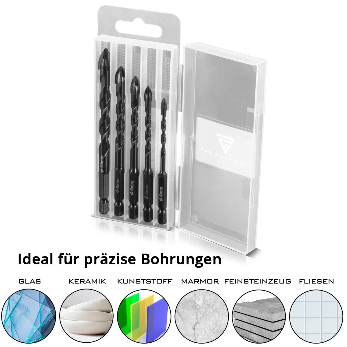 Foret en verre en acier | Drillage de carreaux | Drillage en céramique 5 ensemble 4 | 5 | 6 | 8 | 10 mm avec enregistrement de la hanche de 1/4 de pouce pour trous en verre, carreaux, céramique, porcelaine, clinker, porcelaine en porcelaine, marbre