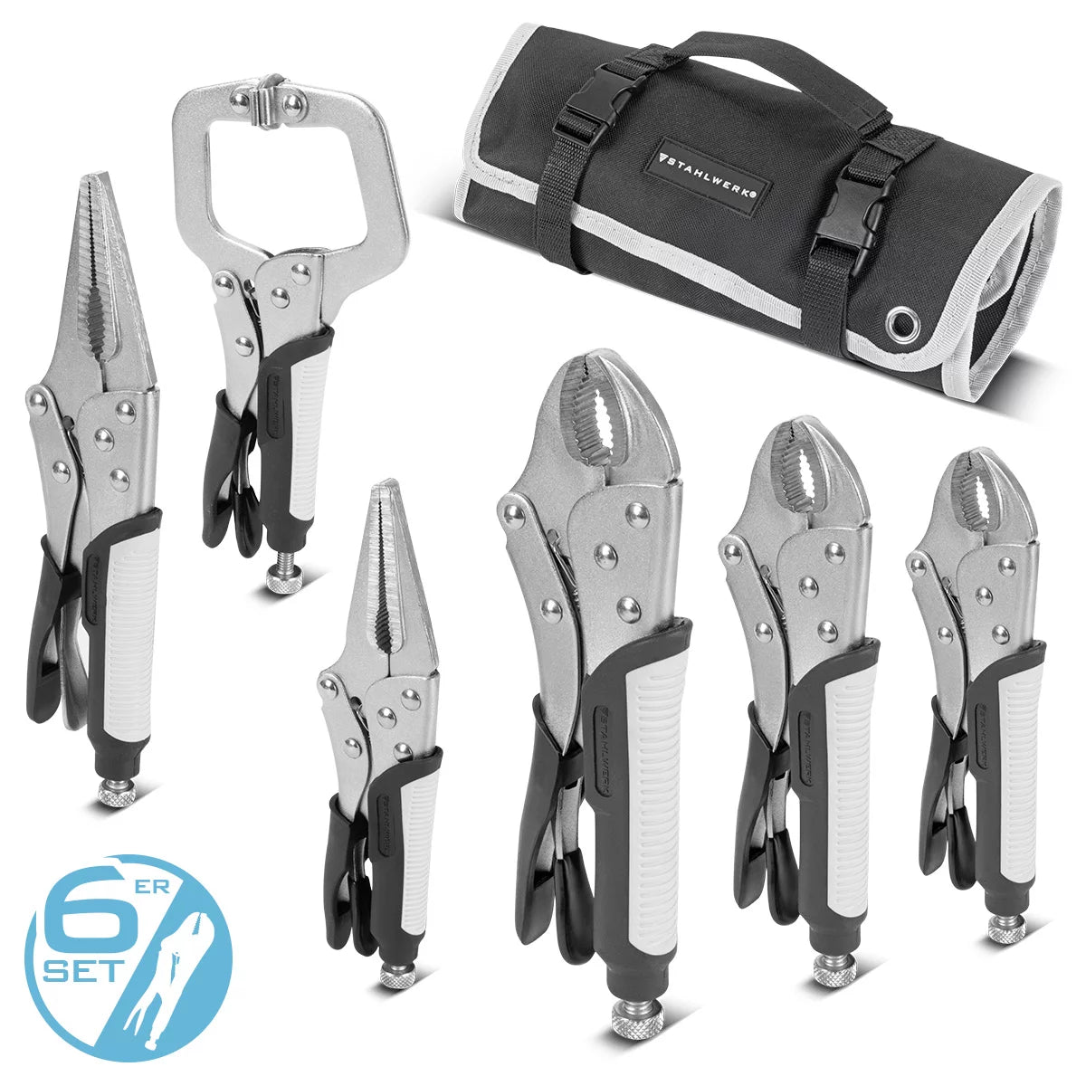 Steelworks grip-tongs set 6-part clamping area adjustable | Langbeck grip pliers 165/241mm | Gripzangen with curved cheeks 127/178/254 mm | C-clamp 152 mm | Ergonomic TPR grips | Roll bag included