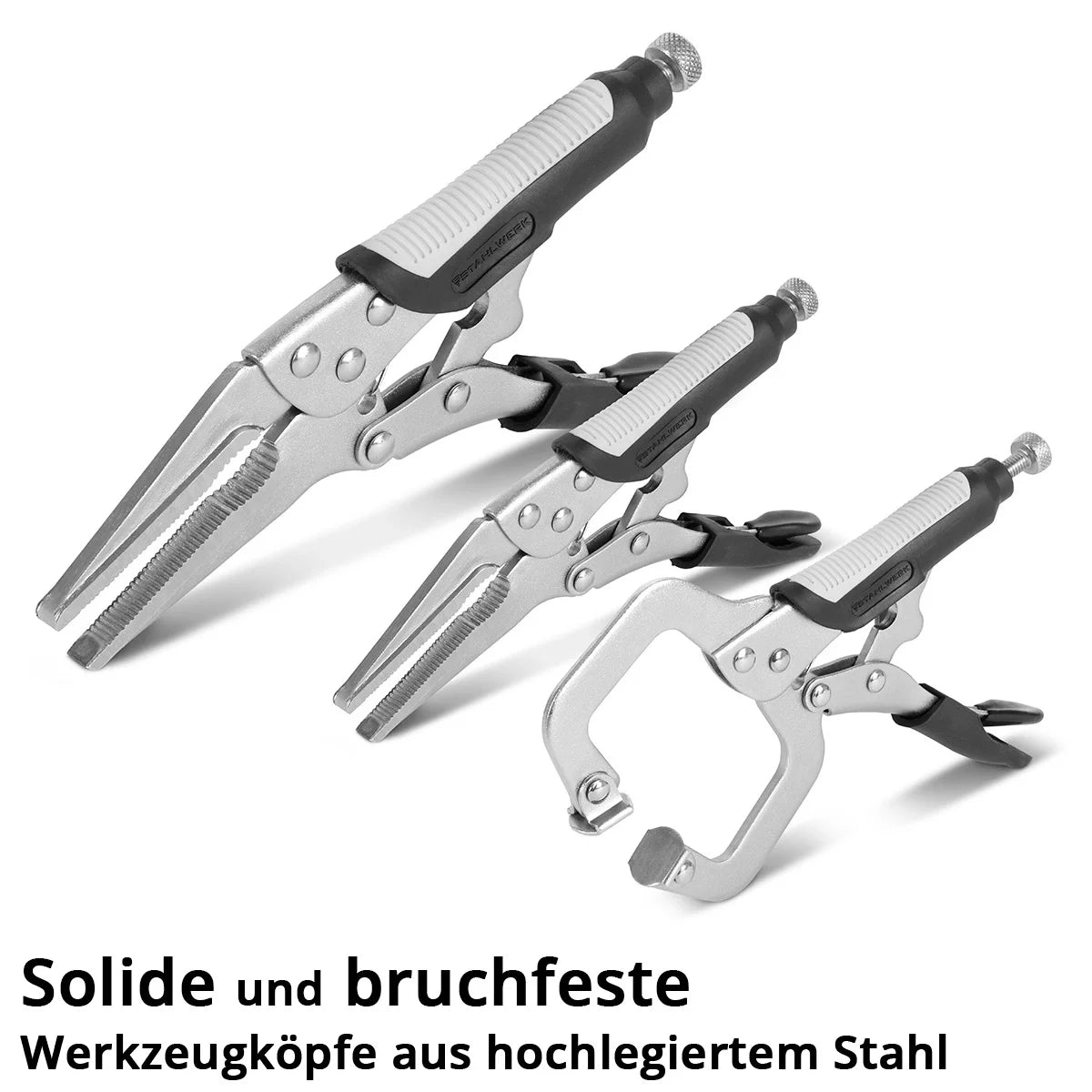 Steelworks grip-tongs set 6-part clamping area adjustable | Langbeck grip pliers 165/241mm | Gripzangen with curved cheeks 127/178/254 mm | C-clamp 152 mm | Ergonomic TPR grips | Roll bag included