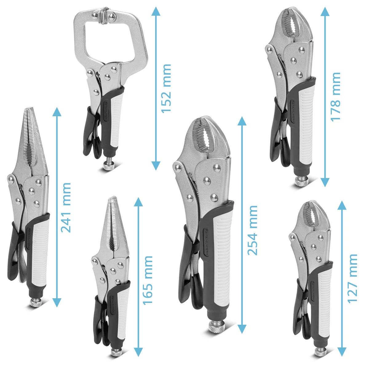 Steelworks grip-tongs set 6-part clamping area adjustable | Langbeck grip pliers 165/241mm | Gripzangen with curved cheeks 127/178/254 mm | C-clamp 152 mm | Ergonomic TPR grips | Roll bag included