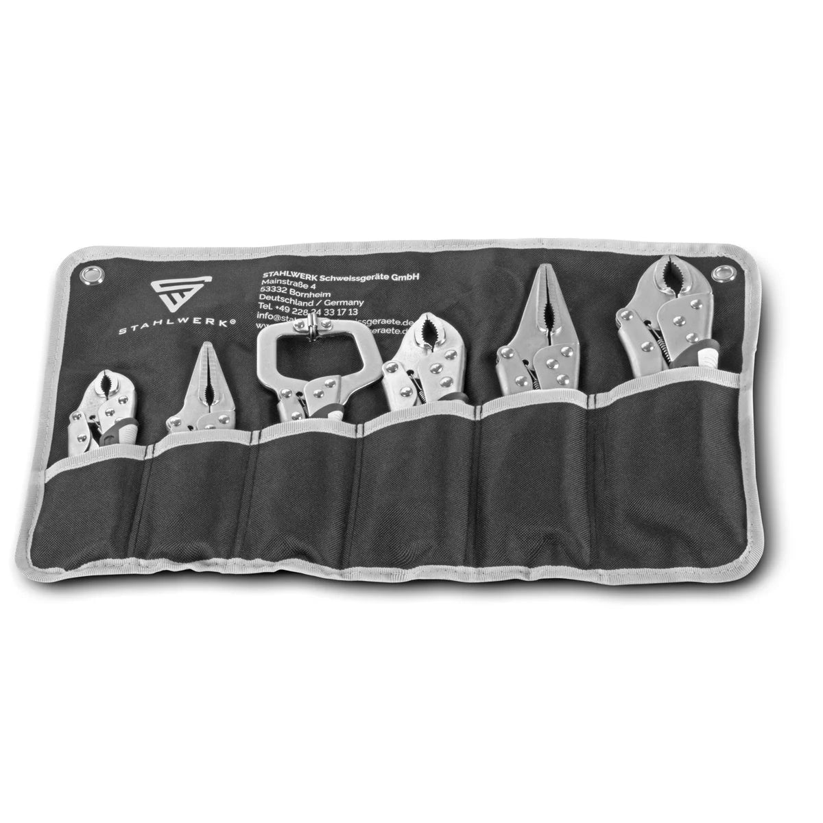 Steelworks grip-tongs set 6-part clamping area adjustable | Langbeck grip pliers 165/241mm | Gripzangen with curved cheeks 127/178/254 mm | C-clamp 152 mm | Ergonomic TPR grips | Roll bag included