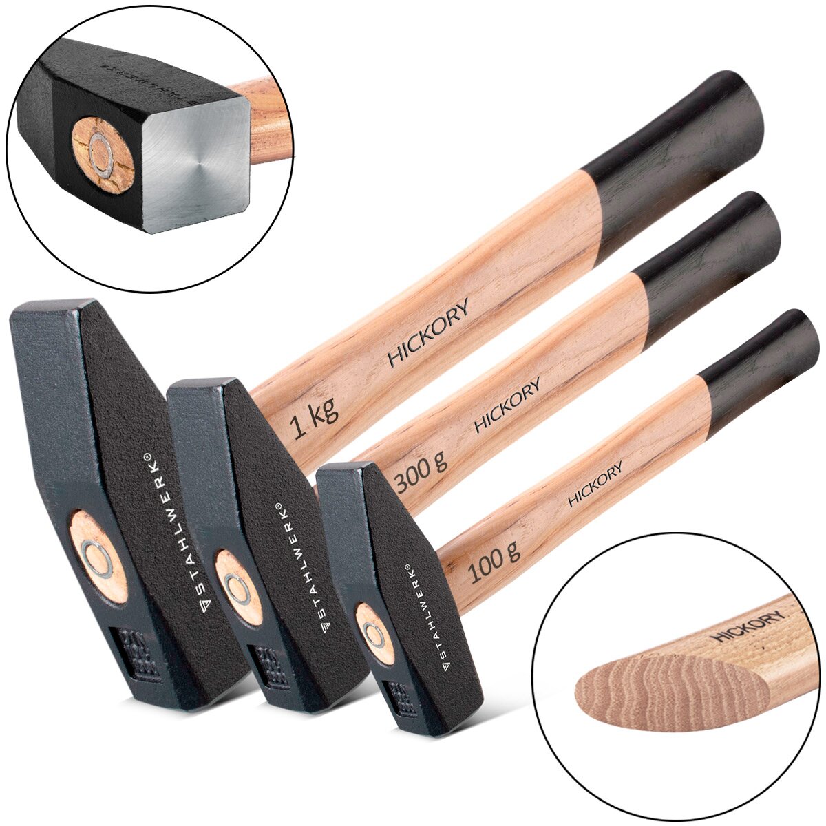 STAHLWERK Hammer Schlosserhammer im Set 100 g 300 g 1000 g Robuster Kopf aus geschmiedetem Stahl, gut ausbalanciert, ergonomischer Griff aus bruchfestem Hickory-Holz