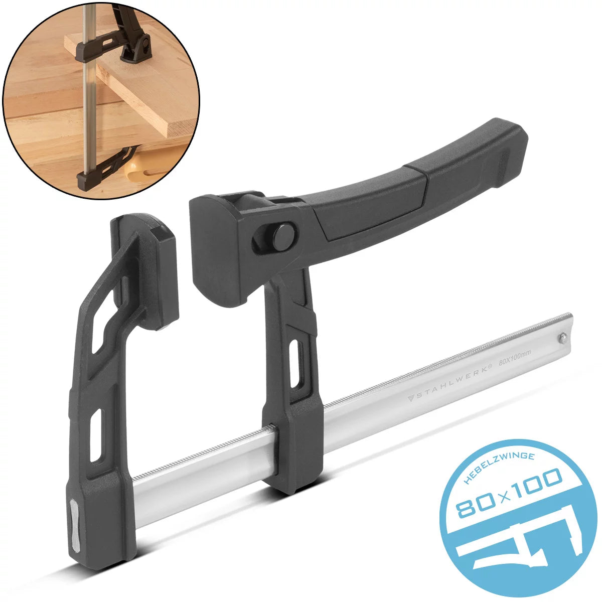 Steelworks lever clamp 80x100 mm | powerful clamping clamp with 100 kg of pressure power | Quick tensioner for precise fixing of workpieces | Stable compound with span 100 mm, clamping depth 80 mm