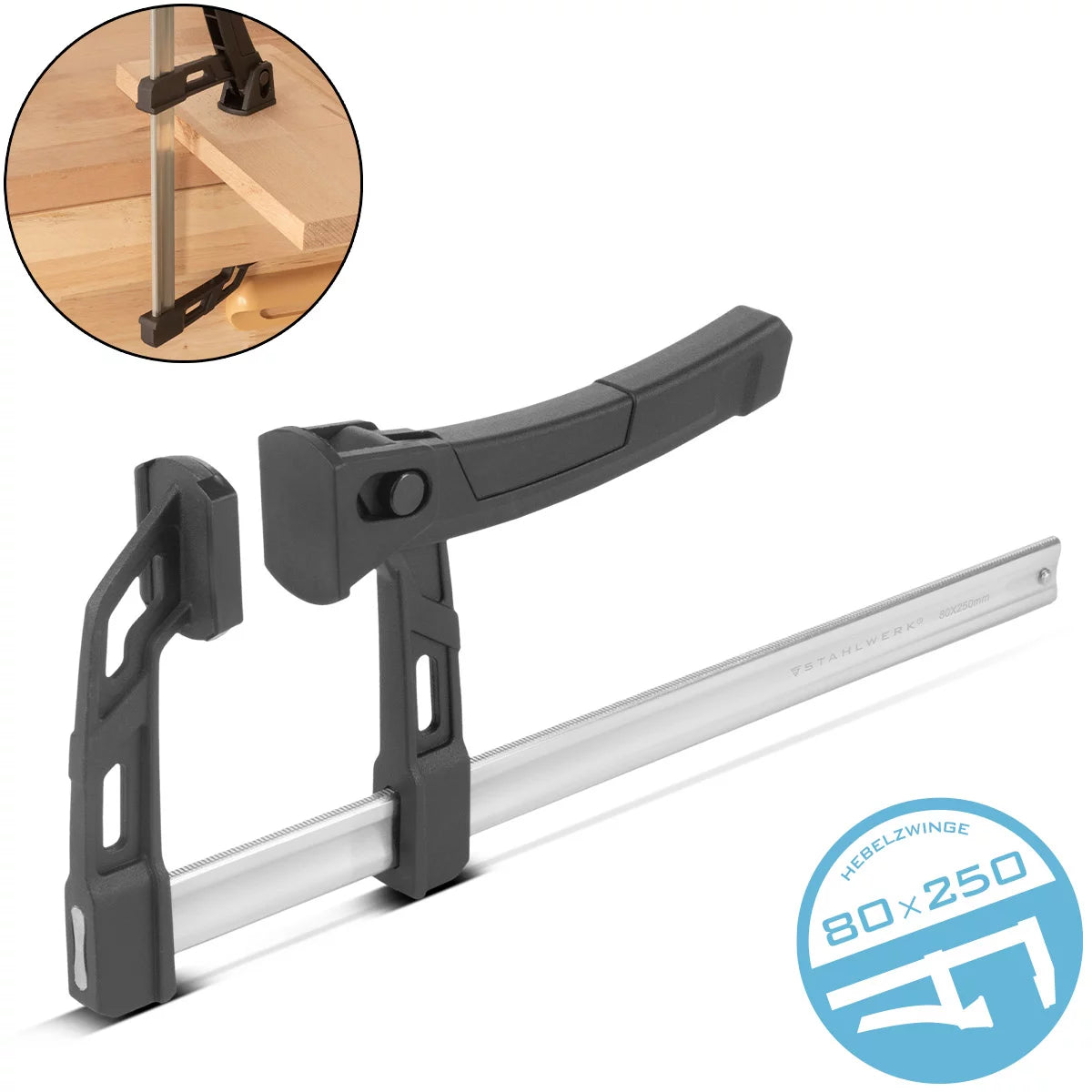 Steelworks lever clamp 80x250 mm | powerful clamping clamp with 100 kg of pressure power | Quick tensioner for precise fixing of workpieces | Stable compound with span 250 mm, clamping depth 80 mm