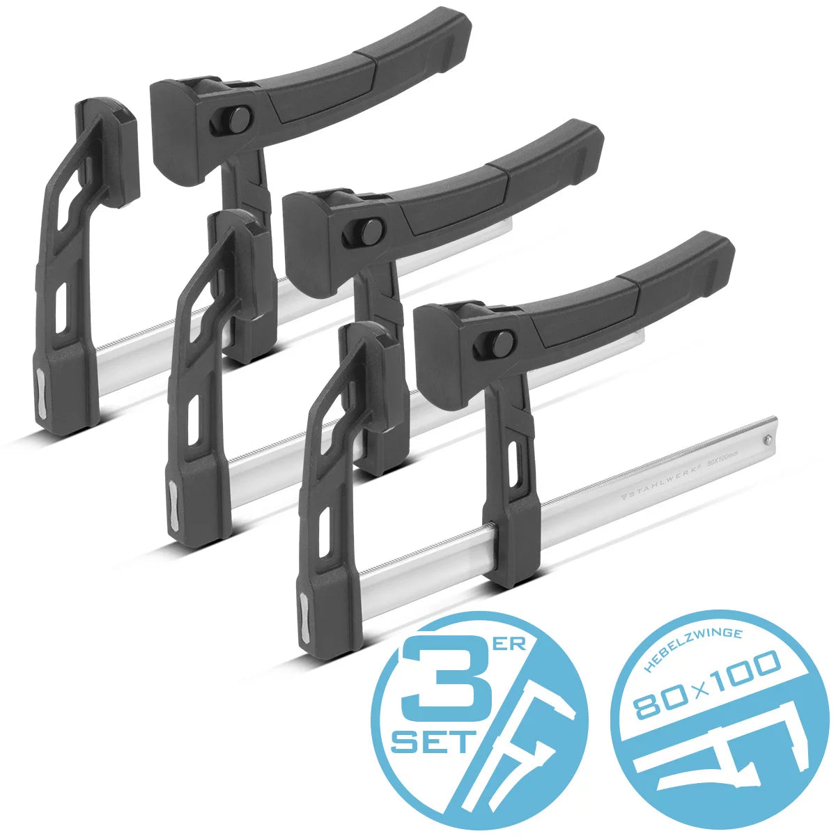 Steelwork 3 x lever clamp 80x100 mm | powerful clamping clamp with 100 kg of pressure power | Quick tensioner for precise fixing of workpieces | Stable compound with span 100 mm, clamping depth 80 mm