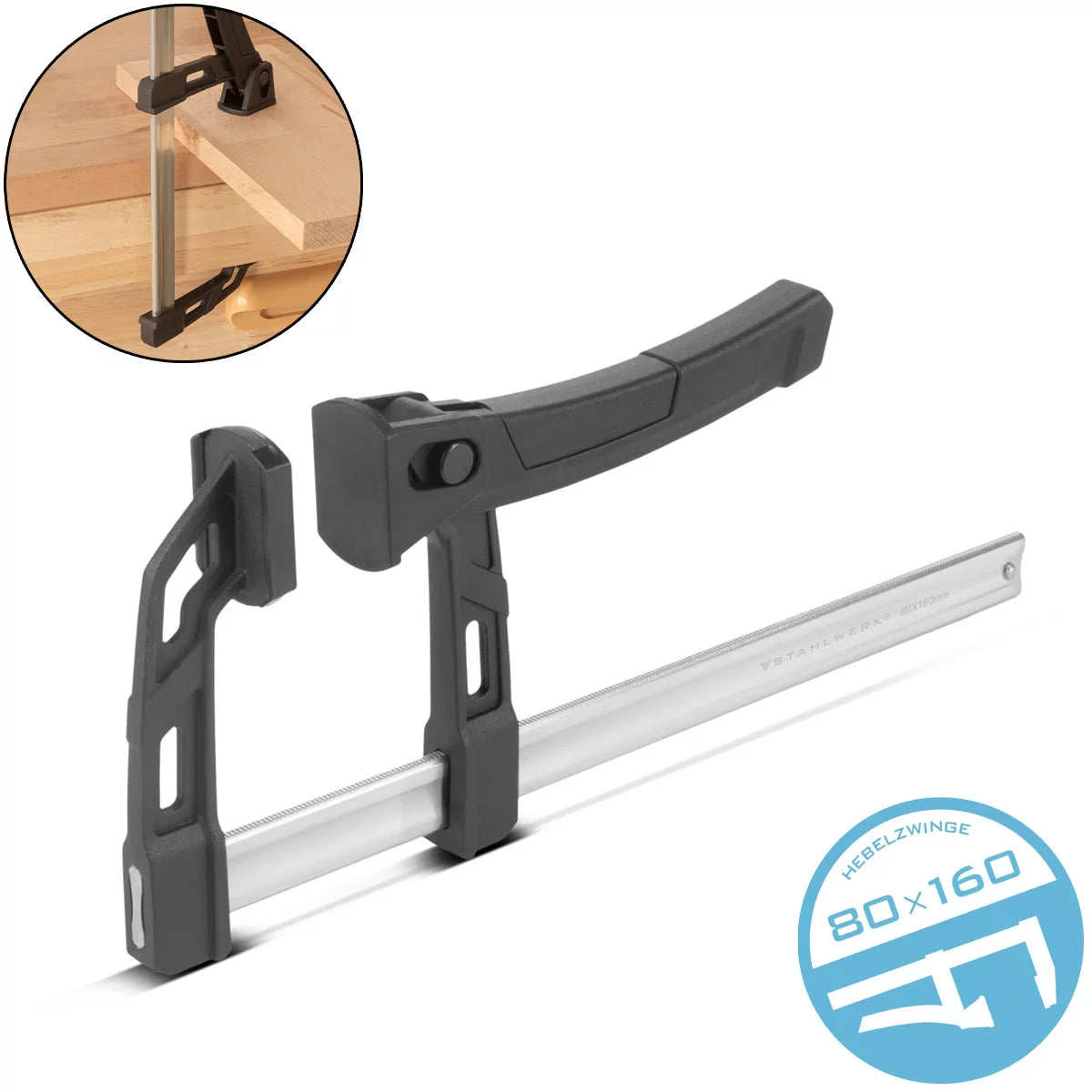 Steelwork lever clamp 80x160 mm | powerful clamping clamp with 100 kg of pressure power | Quick tensioner for precise fixing of workpieces | Stable compound with span 160 mm, clamping depth 80 mm