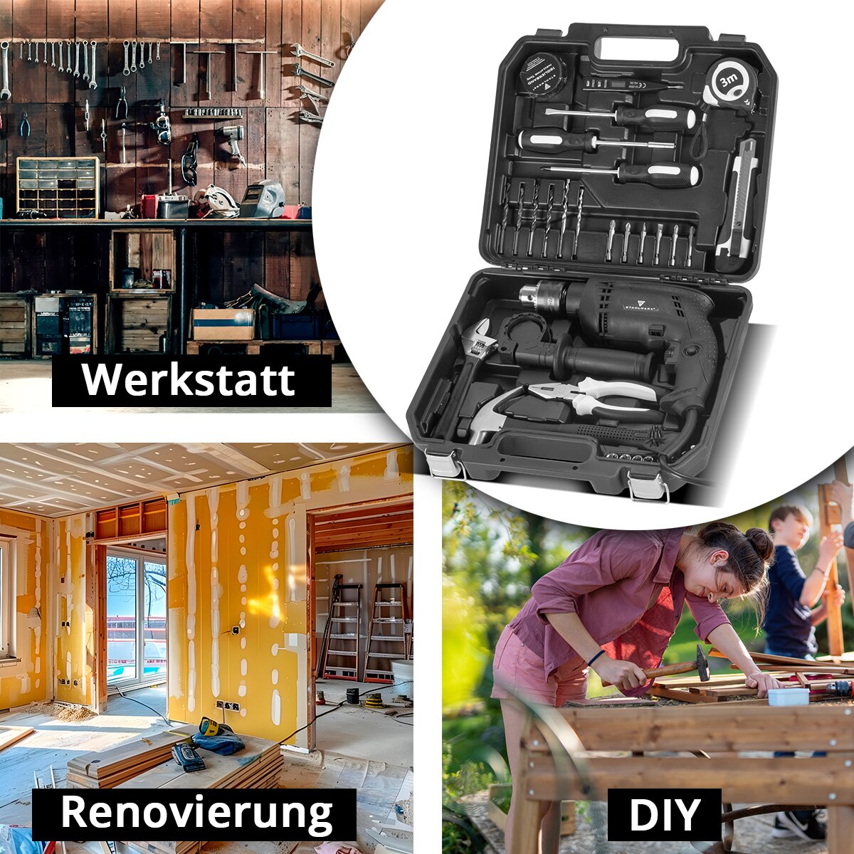 Steelworks DIY WILLER SET DTS-33 ST Tool Case | Boîte à outils | Boîte à outils avec un ensemble d'outils en 32 parties en perceuse à impact, tournevis, marteau, pinces, ruban de mesure, testeur de tension, bits et accessoires