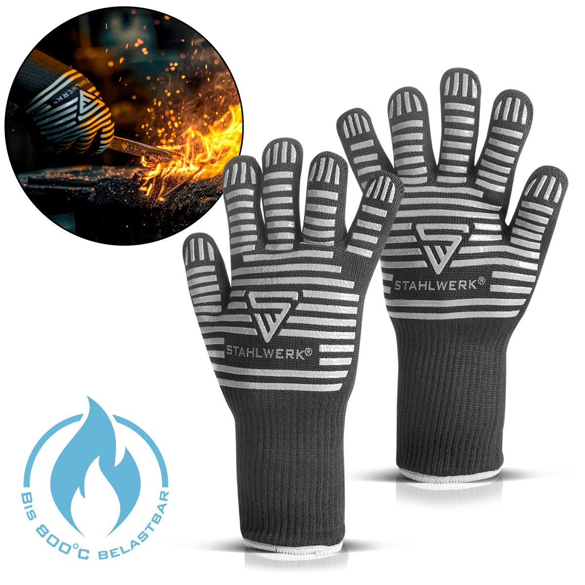 STAHLWERK Hitzebeständige Handschuhe bis 800°C EN 407:2004 Feuerfeste Hitzeschutzhandschuhe | Thermohandschuhe | Arbeitshandschuhe aus robustem ARAMID-Gewebe