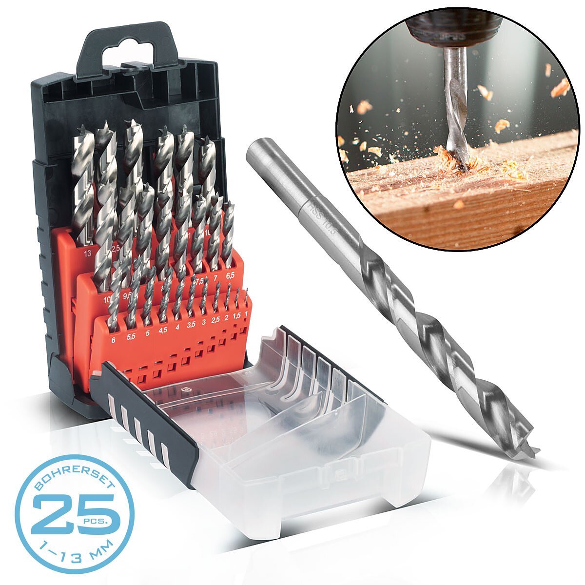 Acciaio HSS Drill a spirale in legno 25 Set 1-13 mm DIN 338 Drill di legno | Drill HSS | Bohrer Set | Set di trapani con bordi affilati e punta di centraggio per buchi precisi