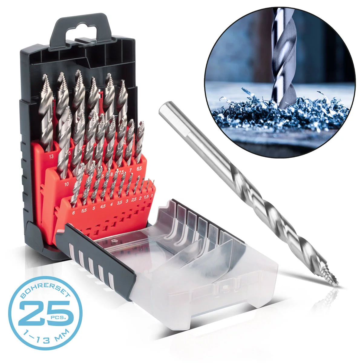 Stahlwerk HSS spiral drill with step tip | 25 Set 1-13 mm | DIN 338 Type N | HSS-drill sentence | Profile-ground drill set | Top angle 118 degrees | High -performance drill for precise holes