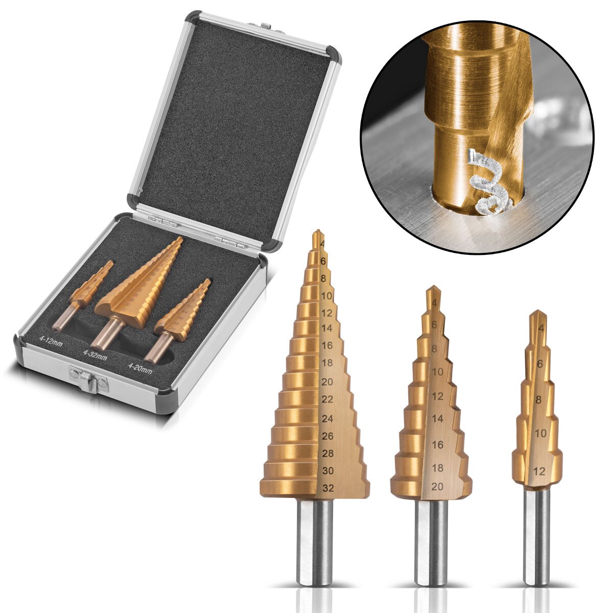 Steelworks HSS Step Drill 3 Set Tin Coating 4-12 | 4-20 | Trapano metallico rivestito in titanio 4-32 mm | Drill Kegel | Drill Senk | Schälbohrer | Drill Konus | Set di trapani con scatola di alluminio