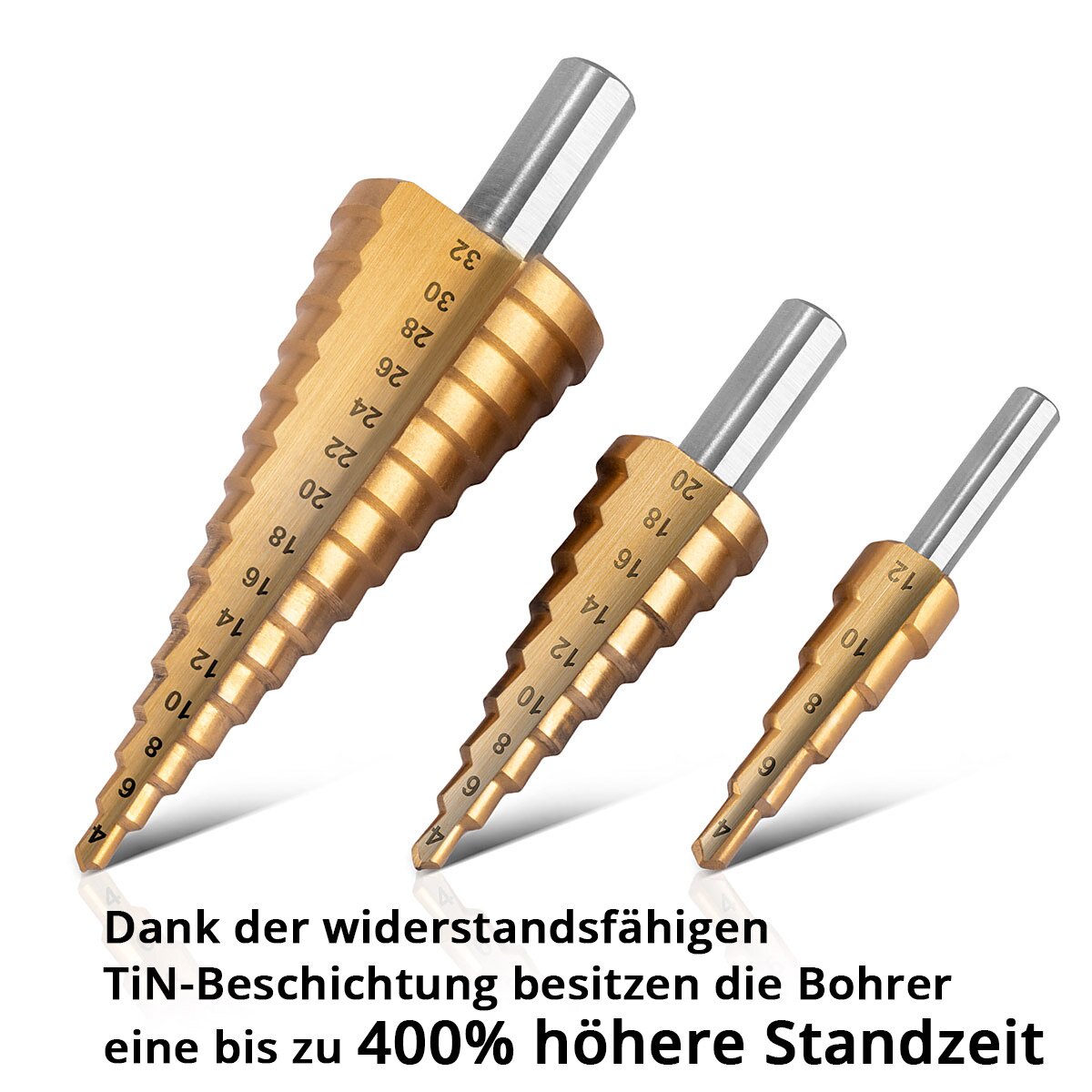 Steelworks HSS Step Drill 3 Set Tin Coating 4-12 | 4-20 | Trapano metallico rivestito in titanio 4-32 mm | Drill Kegel | Drill Senk | Schälbohrer | Drill Konus | Set di trapani con scatola di alluminio