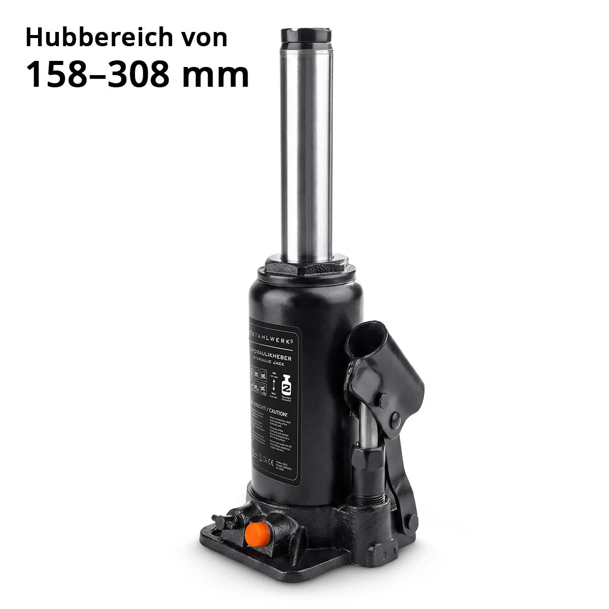 STAHLWERK Hydraulikheber GW0204 mit 2 t Tragkraft | Hubbereich 158 – 308 mm | Kompakter Stempelwagenheber | Hydraulik-Wagenheber | Stabiler Flaschenwagenheber für Maschinen, Nutzfahrzeuge und Pkw