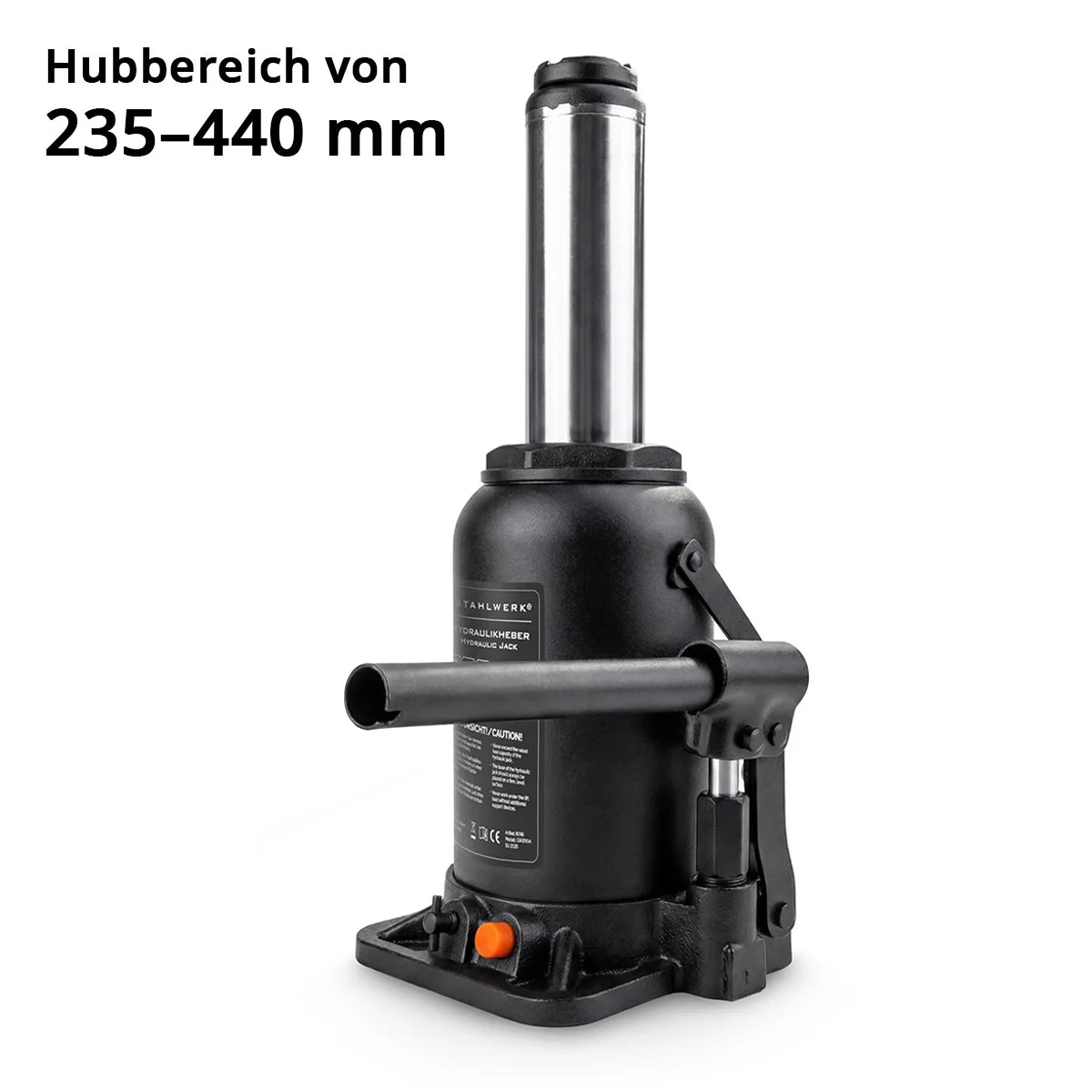 STAHLWERK Hydraulikheber GW2004 mit 20 t Tragkraft | Hubbereich 235 - 440 mm | Kompakter Stempelwagenheber | Hydraulik-Wagenheber | Stabiler Flaschenwagenheber für Maschinen, Nutzfahrzeuge und Pkw