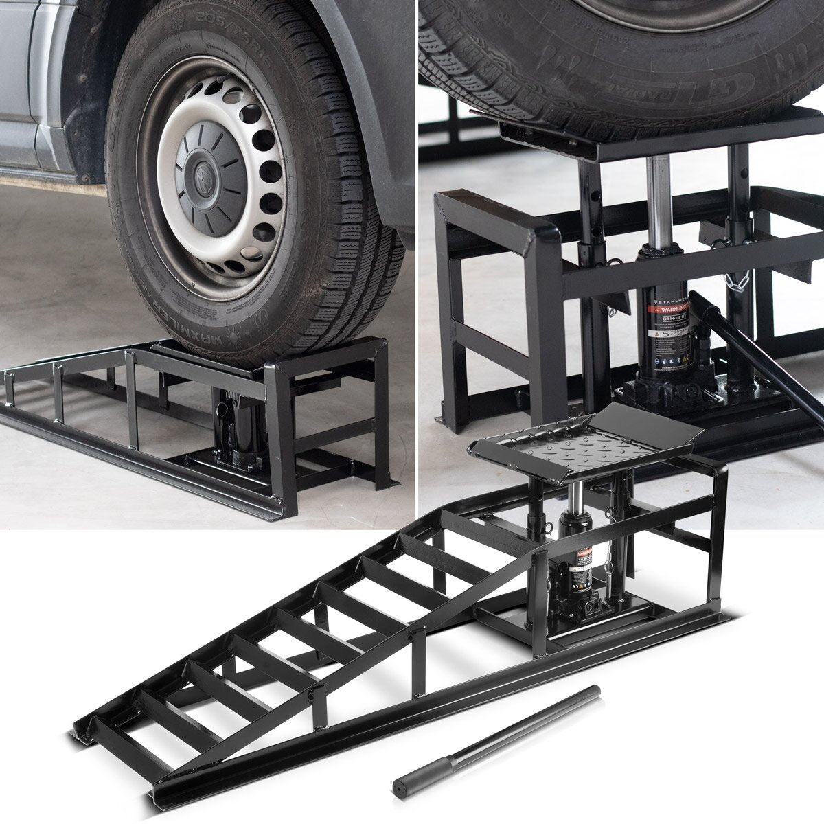 Rampa de rampa hidráulica de Steelworks GTH-14 ST 2 Conjunto con 5 toneladas de piedra de cría de capacidad de carga con Jack | Rampa para automóvil ajustable de altura | Rampa para coche | Auto