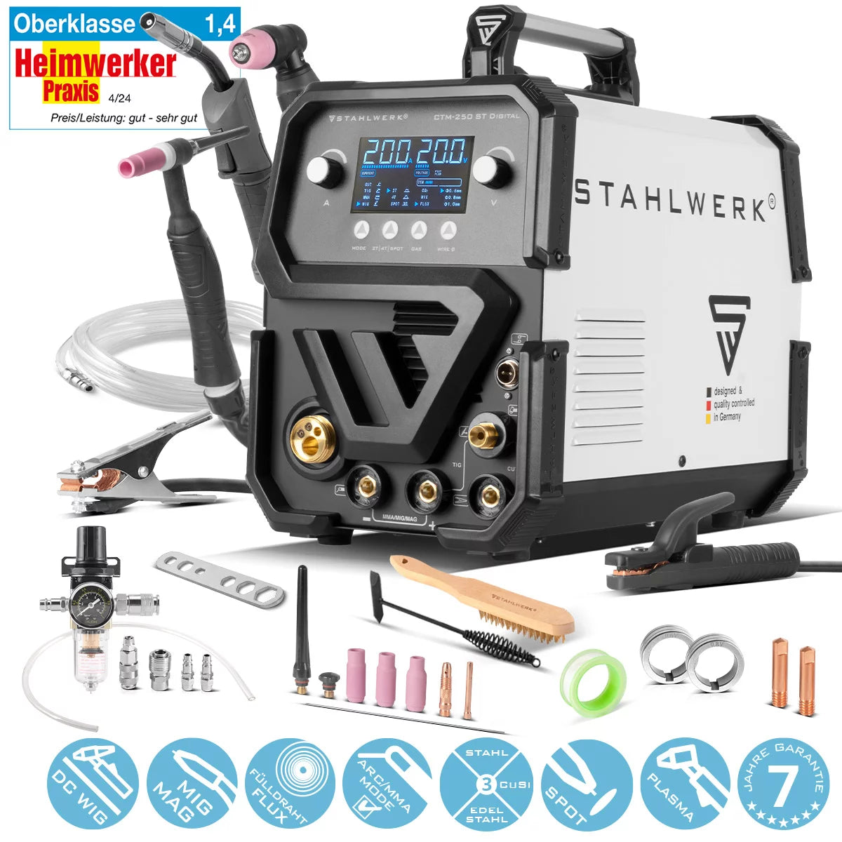STAHLWERK Kombi-Schweißgerät CTM-250 ST Digital 5-in-1 Schutzgas-Schweißgerät | Inverter mit 200 A, synergischem Drahtvorschub und integriertem 50 A Plasmaschneider CUT | WIG | MIG MAG | MMA | FLUX