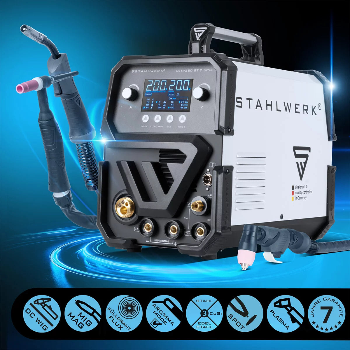 STAHLWERK Kombi-Schweißgerät CTM-250 ST Digital 5-in-1 Schutzgas-Schweißgerät | Inverter mit 200 A, synergischem Drahtvorschub und integriertem 50 A Plasmaschneider CUT | WIG | MIG MAG | MMA | FLUX