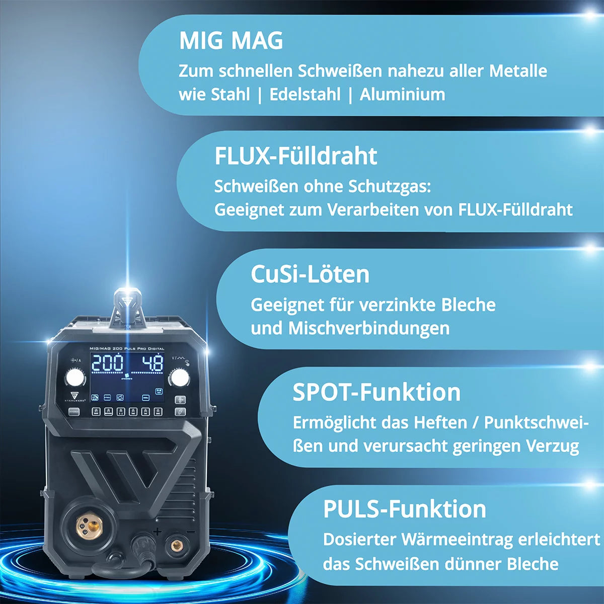 STAHLWERK MIG MAG 200 Spot Puls Pro Digital Vollausstattung Schutzgas-Schweißgerät | IGBT Inverter 200 A | Synergischer Drahtvorschub | 4-Rollen-Antrieb | FLUX, Lift-TIG, MMA, CuSi | MIG-Puls für Alu