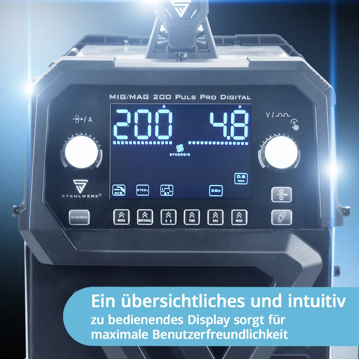 STAHLWERK MIG MAG 200 Spot Puls Pro Digital Vollausstattung Schutzgas-Schweißgerät | IGBT Inverter 200 A | Synergischer Drahtvorschub | 4-Rollen-Antrieb | FLUX, Lift-TIG, MMA, CuSi | MIG-Puls für Alu