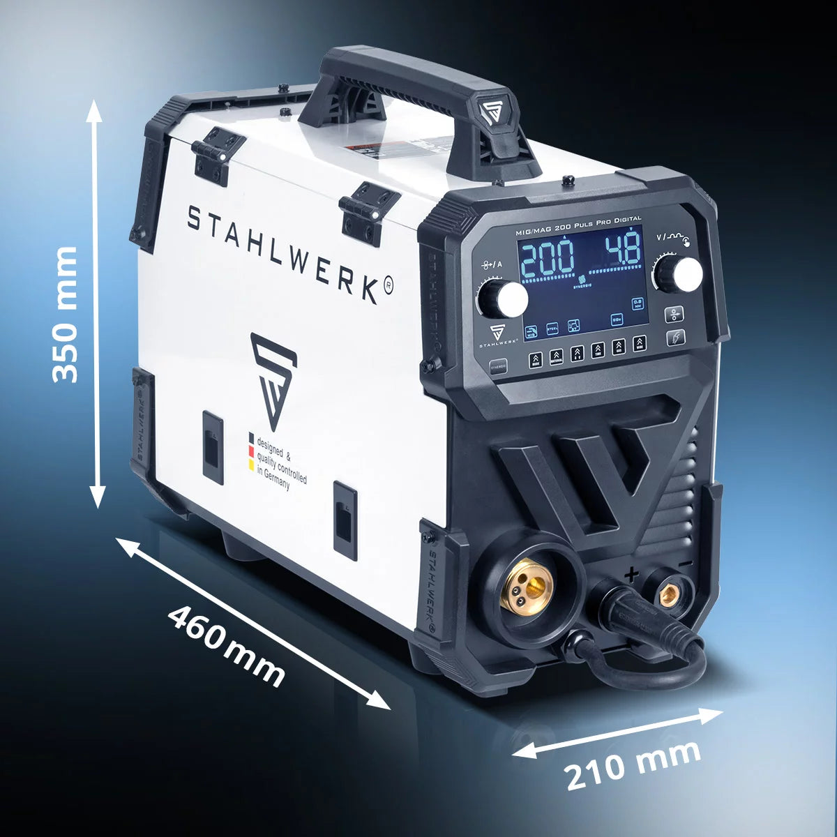 STAHLWERK MIG MAG 200 Spot Puls Pro Digital Vollausstattung Schutzgas-Schweißgerät | IGBT Inverter 200 A | Synergischer Drahtvorschub | 4-Rollen-Antrieb | FLUX, Lift-TIG, MMA, CuSi | MIG-Puls für Alu