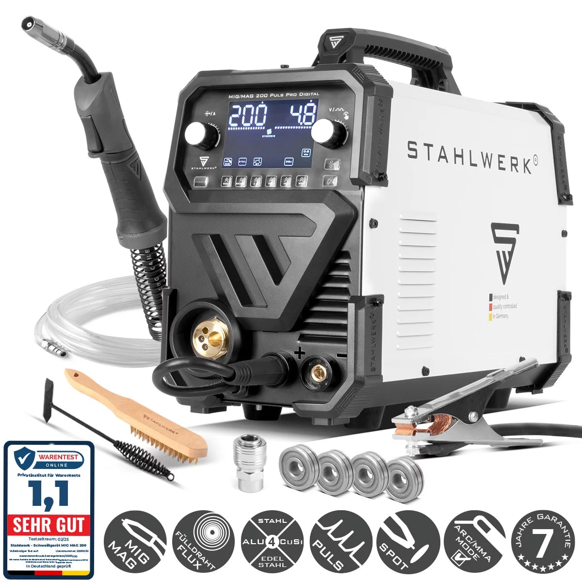 STAHLWERK MIG MAG 200 Spot Puls Pro Digital Schutzgas-Schweißgerät | IGBT Inverter 200 A | Synergischer Drahtvorschub | 4-Rollen-Antrieb | FLUX, Lift-TIG, MMA/ARC, CuSi-Löt-Funktion | MIG-Puls für Alu