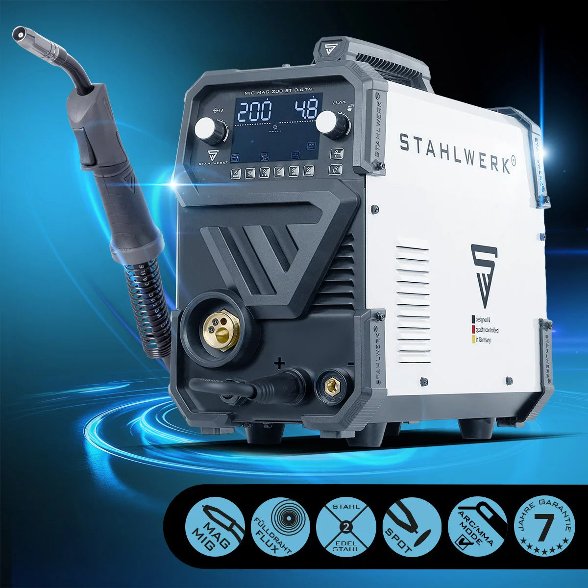 Steelworks welding machine MIG MAG 200 ST Digital Full equipment IGBT protective gas welding device | Inverter with 200 A, spot function, synergic wire feed, Flux and MMA | ARC function