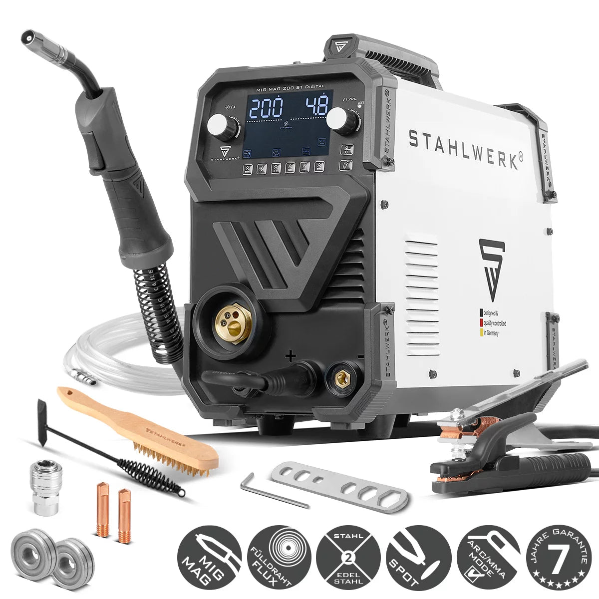 STAHLWERK welding machine MIG MAG 200 ST digital inert gas welding machine | Inverter with 200 A, spot function, synergic wire feed, FLUX and MMA | ARC function