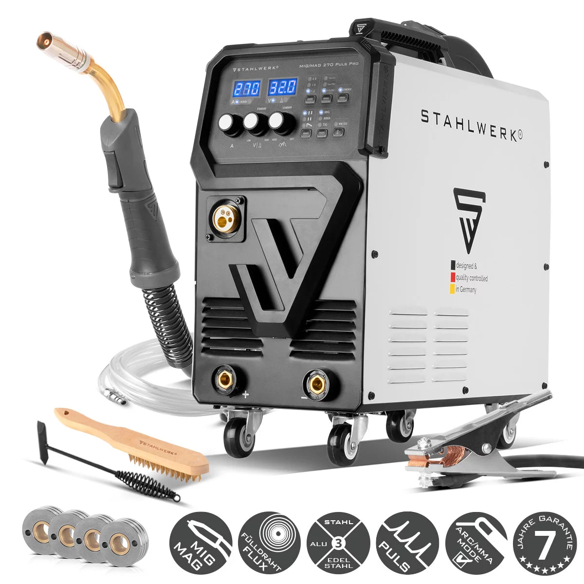 Steelworks welding machine MIG 270 pulse Pro | 4-in-1 protective gas welding device with pulse function | Inverter with 270 A, spot function, synergic wire feed, 4 roll drive, flux, lift tig and mma | ARC function | Pulse-aluminum welding function