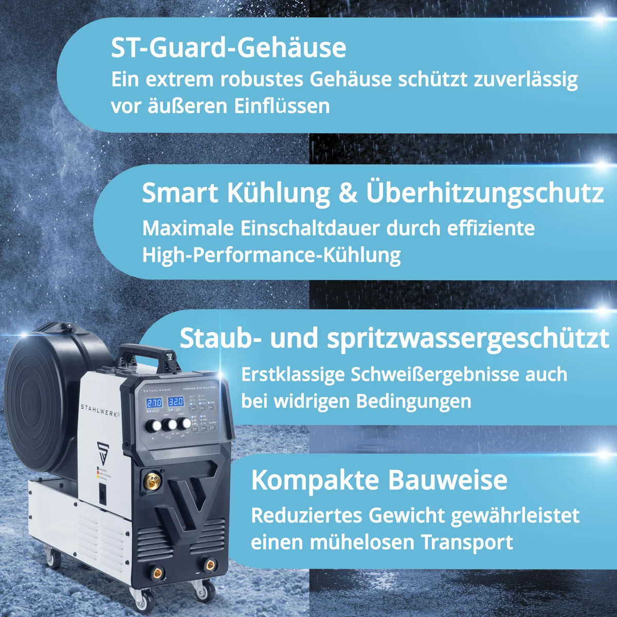 Steelworks welding machine MIG 270 pulse Pro | 4-in-1 protective gas welding device with pulse function, AK25/MB25 aluminum welding burner and wearing section set for aluminum welding | Inverter with 270 A, spot function, synergic wire feed, 4-roll drive